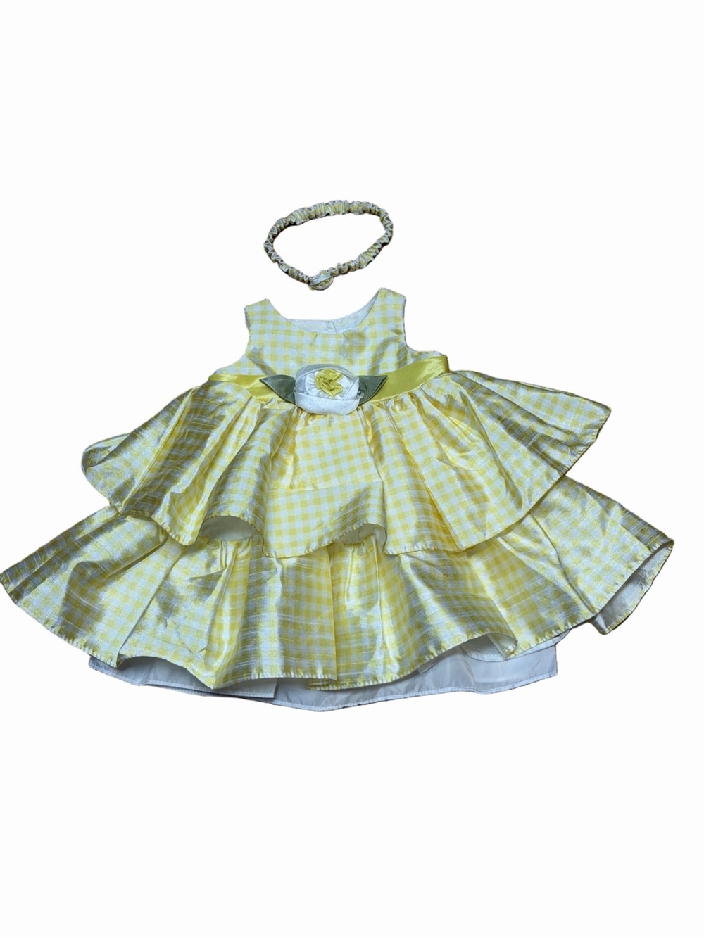 Cherokee Baby Girls Yellow Gingham Tiered Dress Headband Set Size 6M